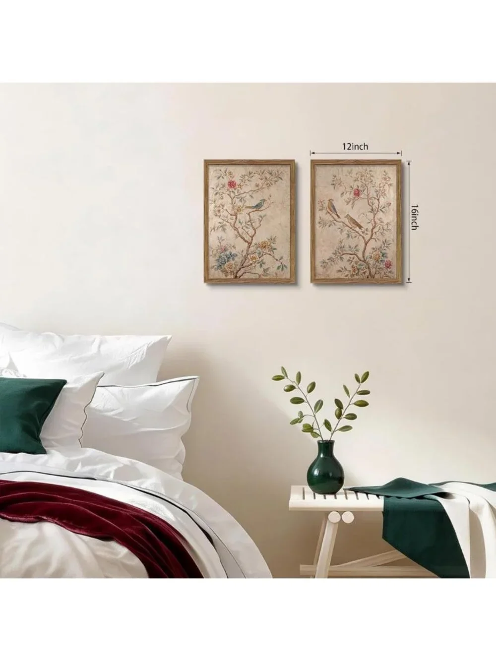 Set of 2 Vintage Floral Bird Wall Art - Charming Peonies & Roses Decor